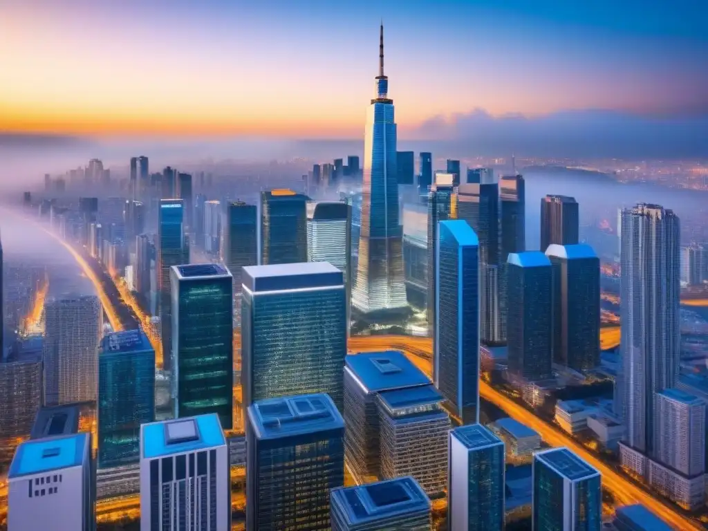 Blockchain y Real Estate: Ciudad Futurista Transparente Una ciudad futurista con rascacielos y tecnología blockchain transparente integrada, resaltando las inversiones inmobiliarias con blockchain