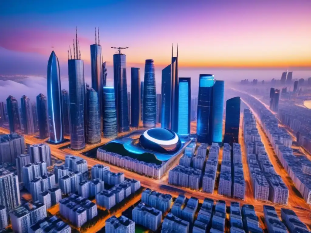 Metrópolis futurista con tecnología 5G Una ciudad futurista con rascacielos tecnológicos conectados, bañados por un atardecer vibrante