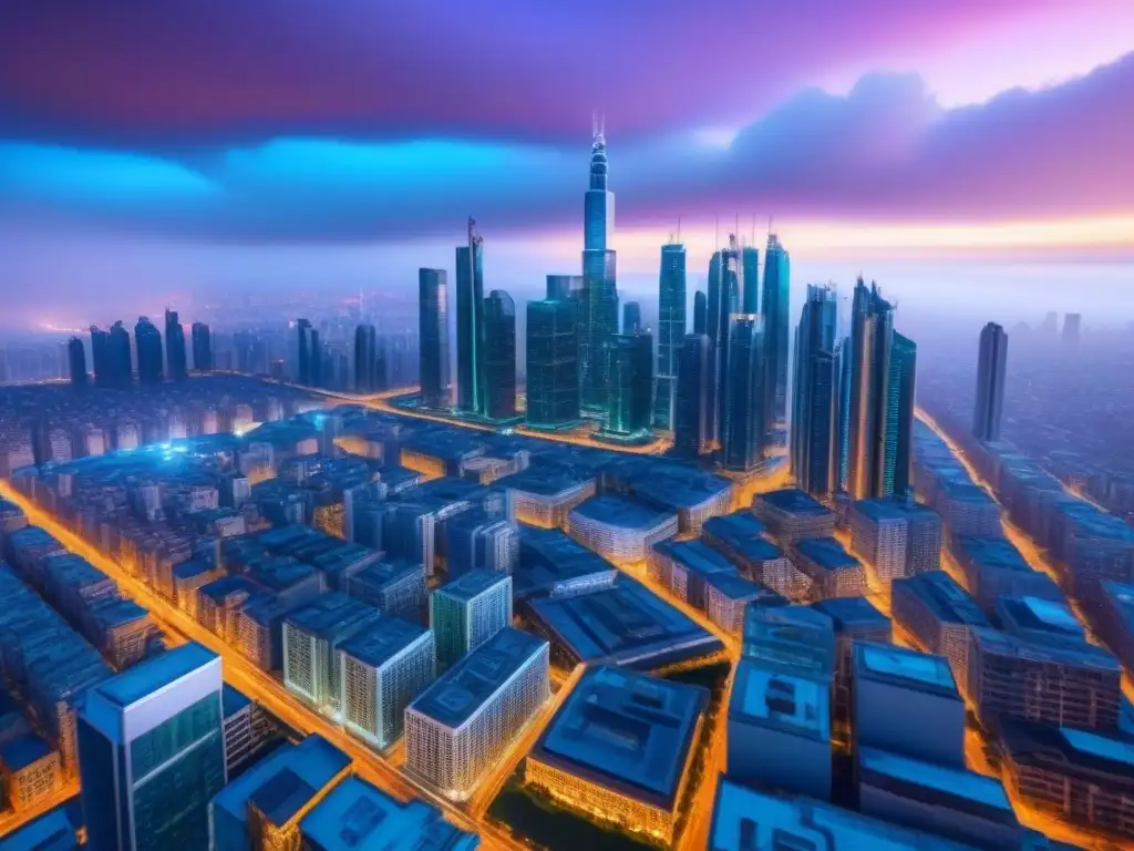 Metrópolis blockchain: ciencia ficción digital en la ciudad Una ciudad futurista con rascacielos transparentes inspirados en blockchain