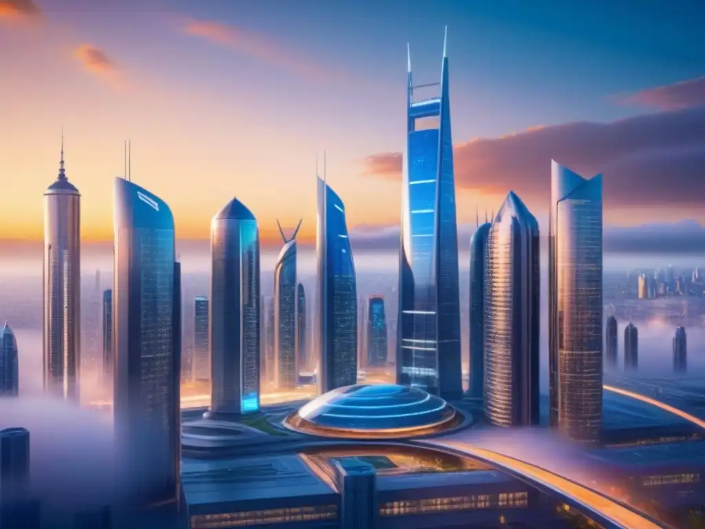 Horizonte futurista: ciudad avanzada al atardecer Una ciudad futurista con rascacielos y vehículos voladores, bañada por la cálida luz del atardecer