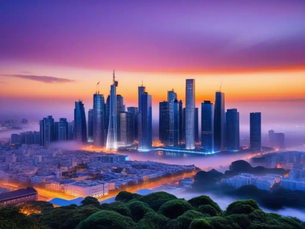 Una ciudad futurista con rascacielos reflejando un vibrante atardecer, integrando Inteligencia Artificial en tasaciones inmobiliarias