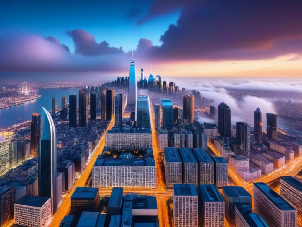 Metrópolis futurista: innovación y sofisticación en el mercado inmobiliario Una ciudad futurista con rascacielos de vidrio reflejando luces, tecnología en recuperación mercado inmobiliario