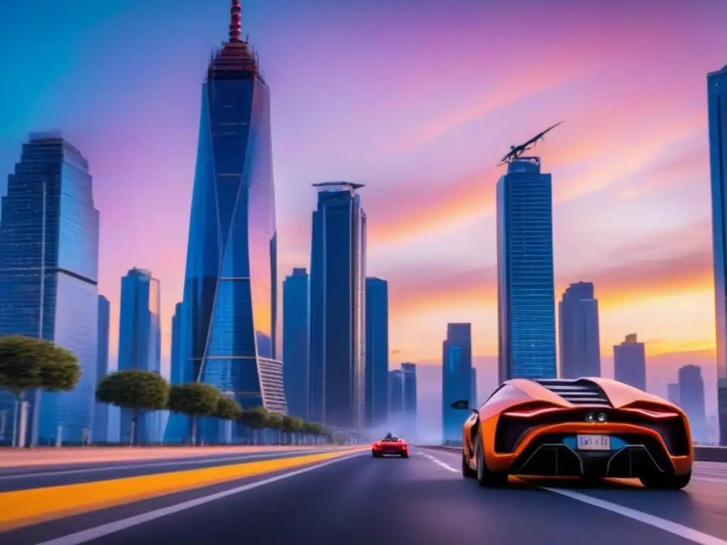 Metrópolis futurista: rascacielos de cristal reflejando el atardecer Una ciudad futurista con rascacielos de vidrio y metal, reflejando los colores vibrantes del atardecer