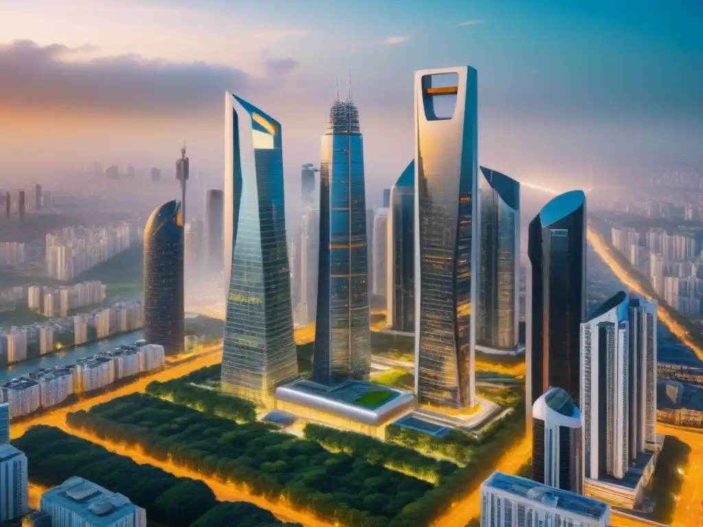 Metrópolis del Futuro: Arquitectura Innovadora y Naturaleza Una ciudad futurista con rascacielos de vidrio, parques verdes y arquitectura innovadora, iluminada por el sol al atardecer