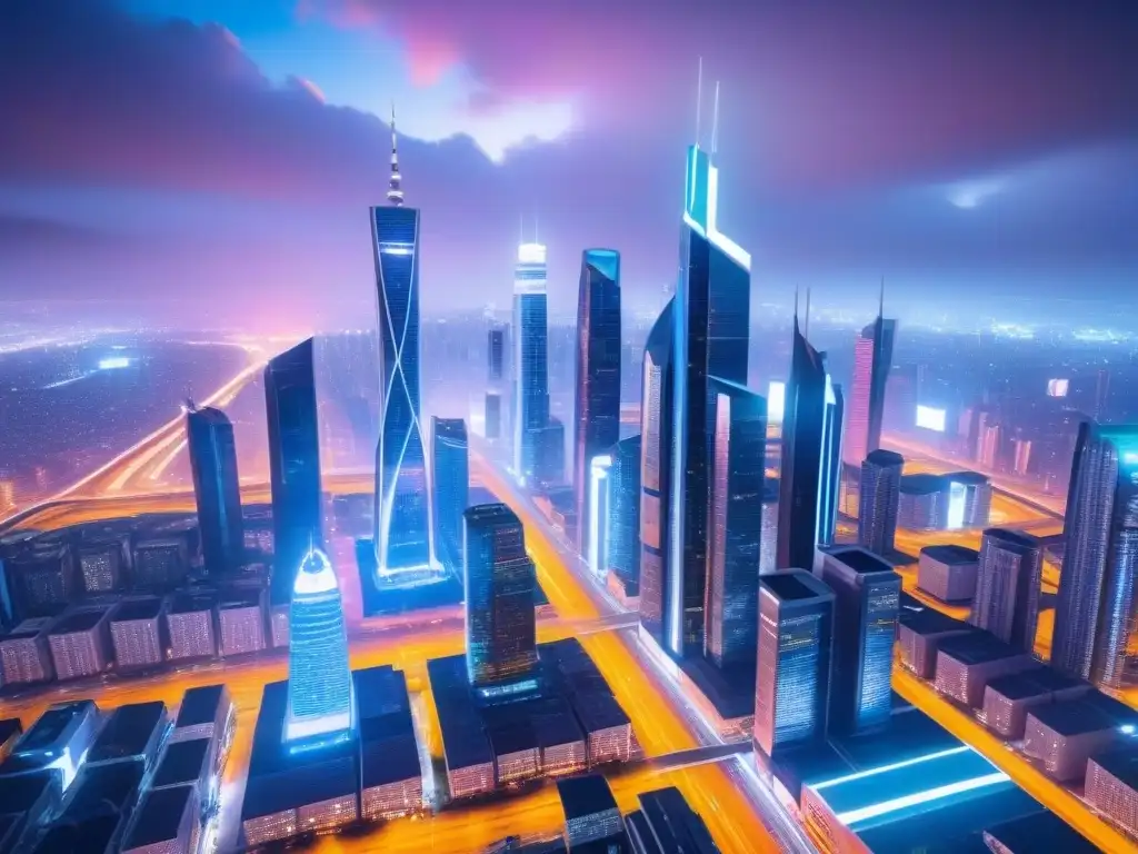 Metrópolis futurista: arquitectura moderna y tecnología avanzada Una ciudad futurista con rascacielos de vidrio y acero, tecnología avanzada y luces de neón