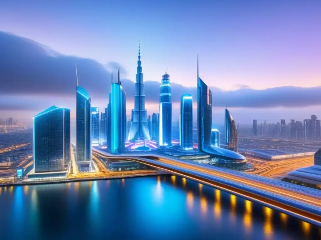 Metrópolis futurista: innovación y progreso en financiamiento inmobiliario Una ciudad futurista con rascacielos de vidrio y acero, autos voladores y trenes de alta velocidad, iluminada por luces de neón y pantallas digitales, muestra una metrópolis bulliciosa de innovación y progreso en la evolución de la historia del financiamiento inmobiliario