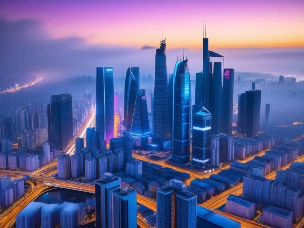 Metrópolis futurista: Financiamiento inmobiliario con IA Una ciudad futurista con rascacielos de vidrio reflejando luces neón