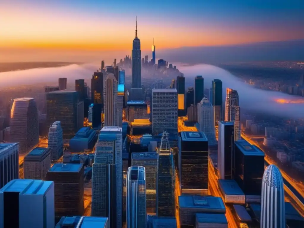 Horizonte futurista: innovación y progreso en la ciudad al atardecer Una ciudad futurista con rascacielos de vidrio reflejando el cálido atardecer, mostrando innovación y progreso