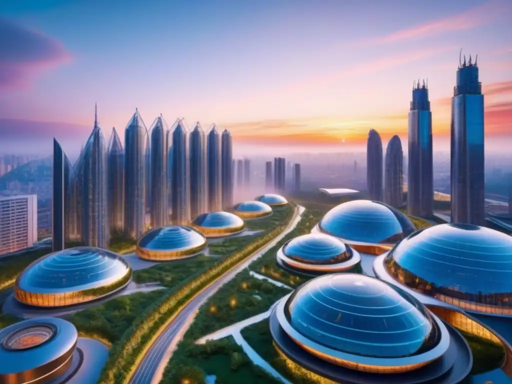 Metrópolis futurista: armonía entre naturaleza y tecnología Una ciudad futurista con rascacielos de vidrio y acero, integrando naturaleza y tecnología al atardecer