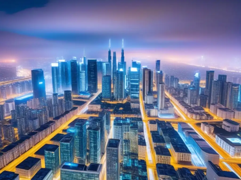 Blockchain: Revolución inmobiliaria en ciudad futurista Una ciudad futurista con una red blockchain integrada, simbolizando la modernización en financiamiento inmobiliario