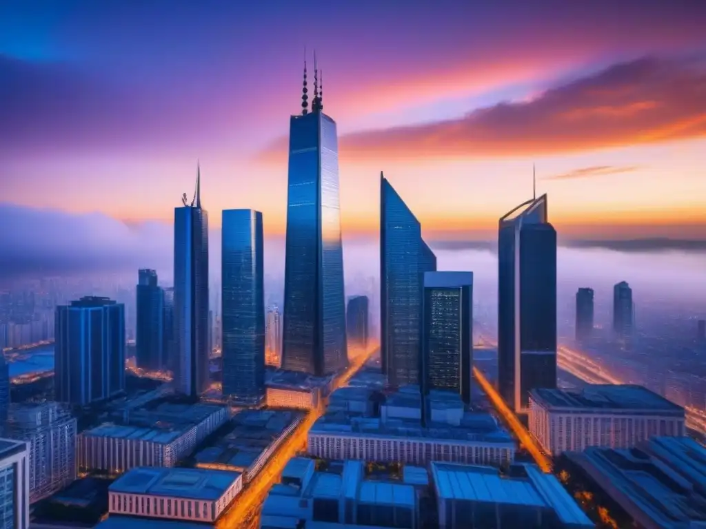 Metrópolis futurista con tecnología blockchain en la industria inmobiliaria Una ciudad futurista al anochecer con redes blockchain sobre los edificios, fusionando tecnología en el sector inmobiliario