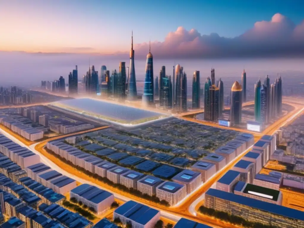 Smart City Futurista: Skyline 8k con Tecnología 5G Una ciudad futurista con tecnología 5G en sector inmobiliario, repleta de rascacielos interconectados y displays digitales vibrantes
