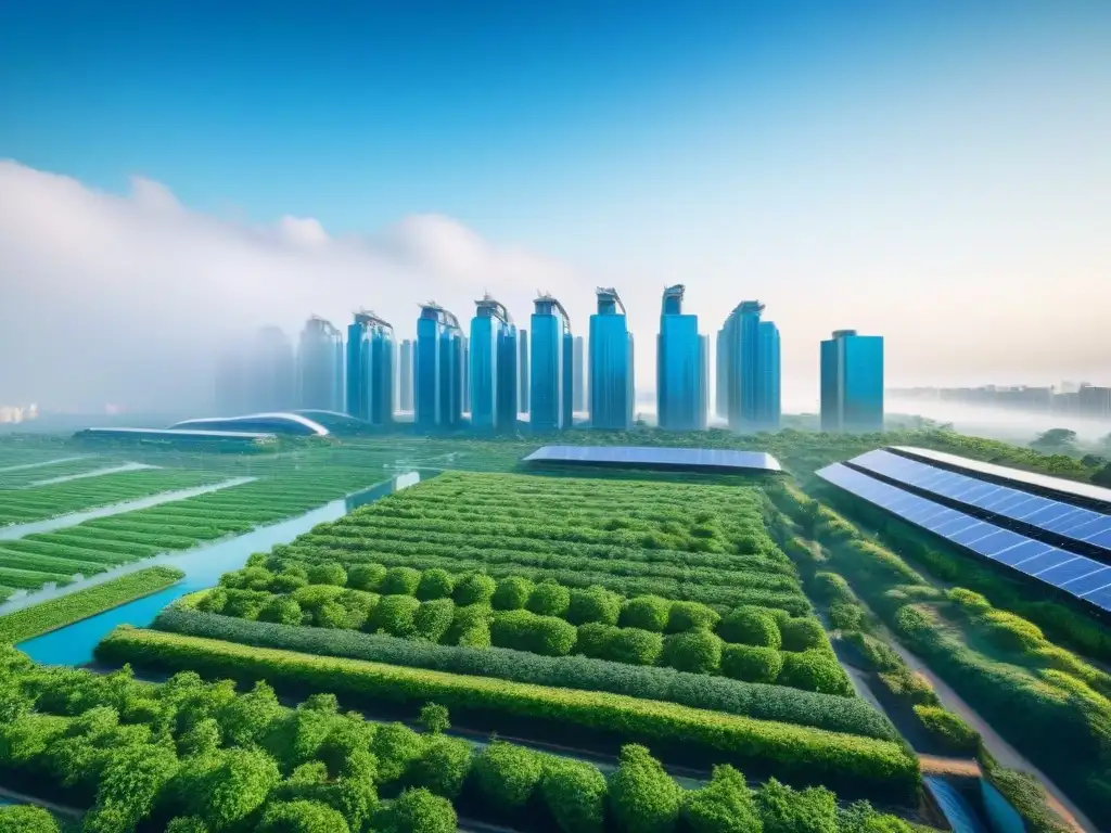 Metrópolis futurista sostenible: edificios verdes y tecnología eco Una ciudad futurista y sostenible con edificios verdes modernos, jardines en azoteas y paneles solares, en armonía con la naturaleza