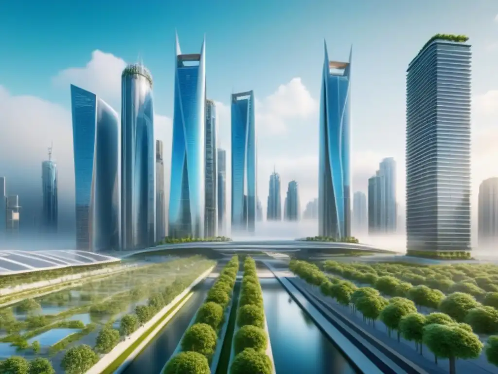 Metrópolis futurista sostenible: arquitectura innovadora en 8K Una ciudad futurista sostenible con rascacielos innovadores, reflejo de la arquitectura en países con mayor crecimiento inmobiliario