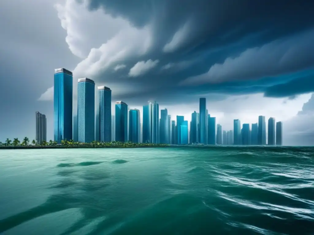 Cityscape futurista: lucha contra subida del mar por el cambio climático Ciudad futurista con rascacielos parcialmente sumergidos por el aumento del nivel del mar