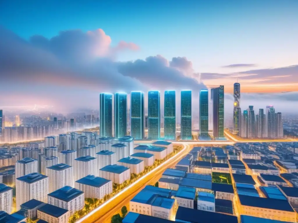 Skyline futurista: blockchain en la financiación inmobiliaria Una ciudad futurista con tecnología blockchain en financiamiento inmobiliario
