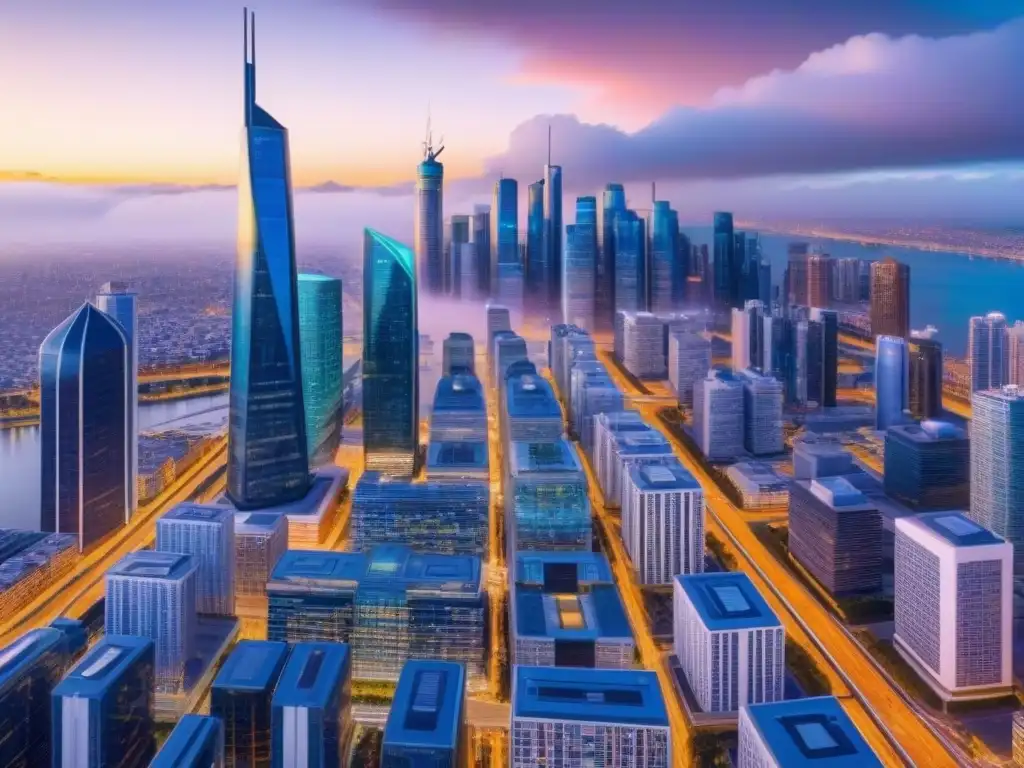 Metrópolis futurista: Fintech y Proptech revolucionan la ciudad Una ciudad futurista con tecnologías Fintech y Proptech revolucionarias integradas