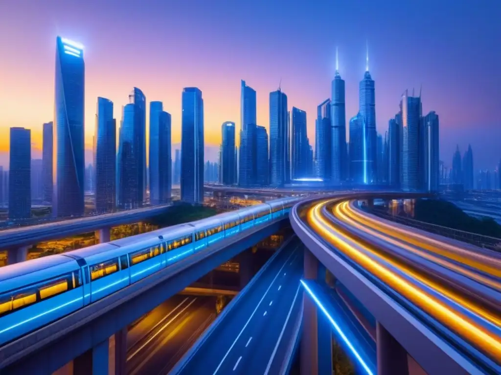 Metrópolis futurista: luces y velocidad en la noche Una ciudad futurista y ultramoderna al anochecer, con rascacielos brillantes, autopistas iluminadas y un monorraíl de alta velocidad, destacando la importancia de las proyecciones de ingresos para la hipoteca