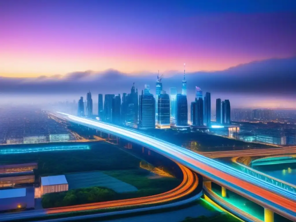 Metrópolis futurista: luces y progreso inmobiliario Una ciudad futurista y vibrante de noche, con rascacielos iluminados y autopistas brillantes