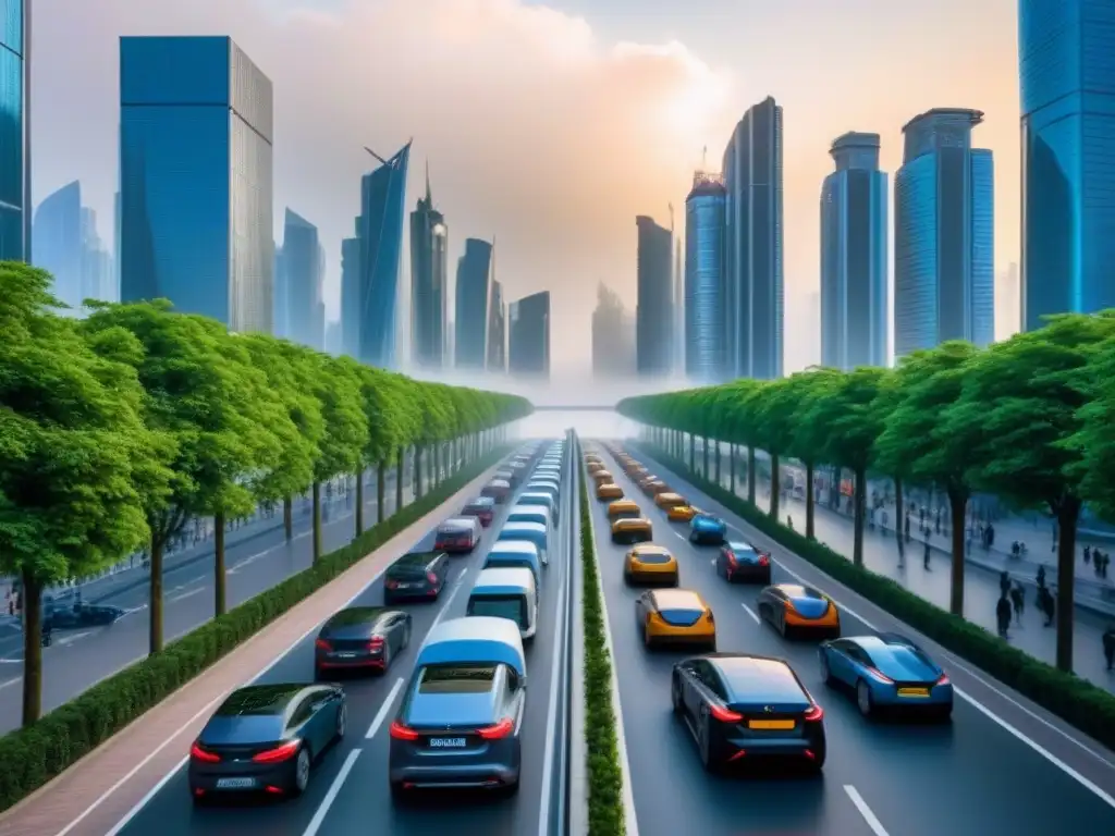Metrópolis sostenible: arquitectura moderna y verde en armonía Una ciudad futurista y vibrante con rascacielos sostenibles, paneles solares y fachadas verdes