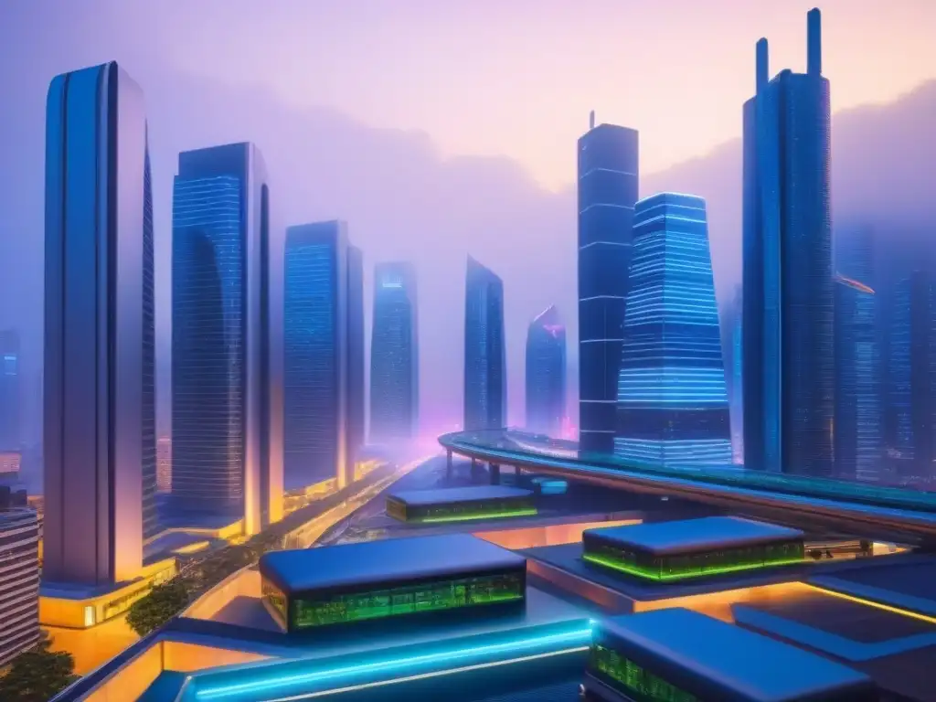 Metrópolis futurista: luces neon y vehículos autónomos al atardecer La ciudad del futuro al anochecer, con rascacielos brillantes y vehículos autónomos; evoca adaptación a nuevas leyes inmobiliarias