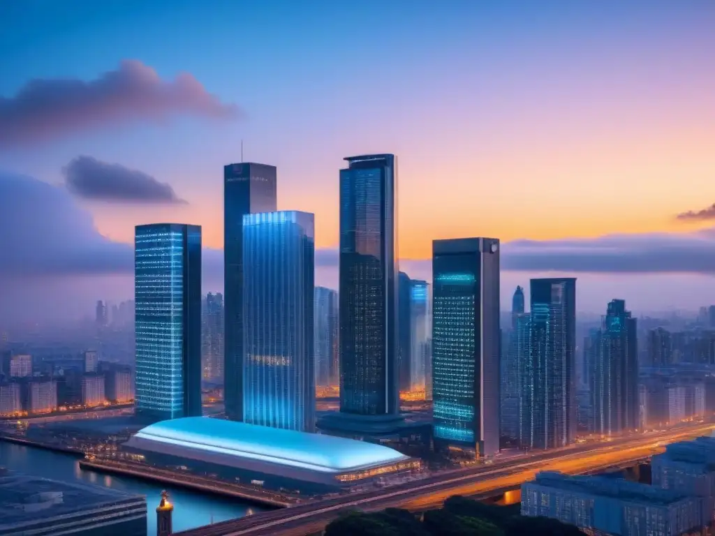 Skyline futurista: contratos inteligentes en blockchain La ciudad del futuro al anochecer, con rascacielos iluminados por símbolos de tecnología blockchain en préstamos inmobiliarios