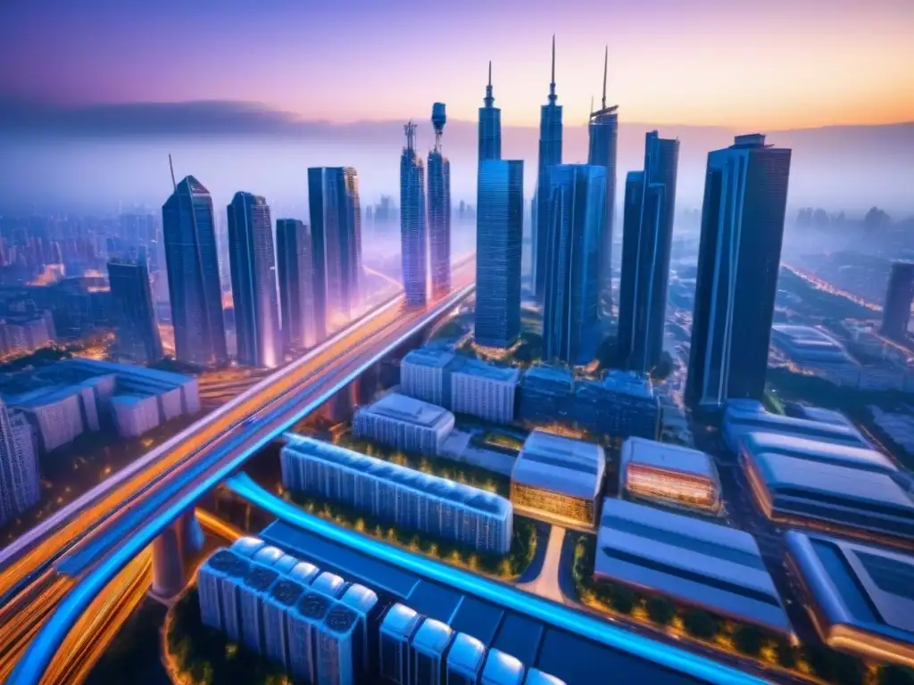 Metrópolis del futuro: luces, tecnología y naturaleza en 2023 La ciudad del futuro con rascacielos iluminados y transporte futurista, adaptándose a la normativa local cambios 2023