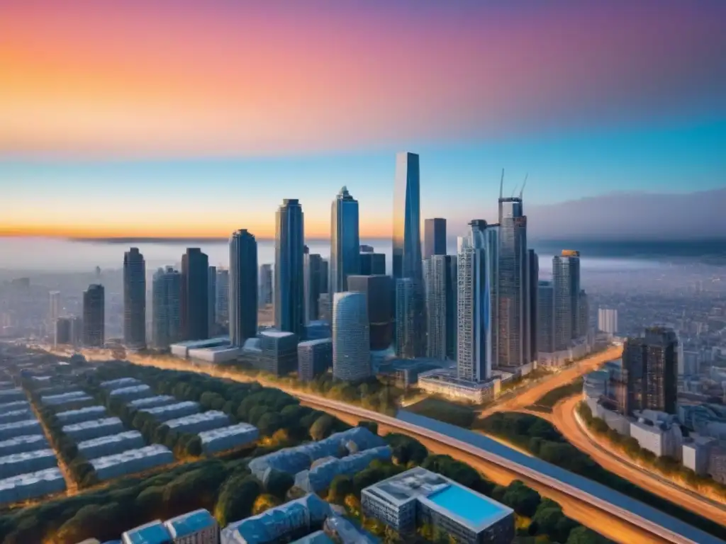 Horizonte urbano al atardecer: modernidad y oportunidad inmobiliaria Una ciudad moderna al atardecer, reflejando progreso y oportunidad en el mercado inmobiliario