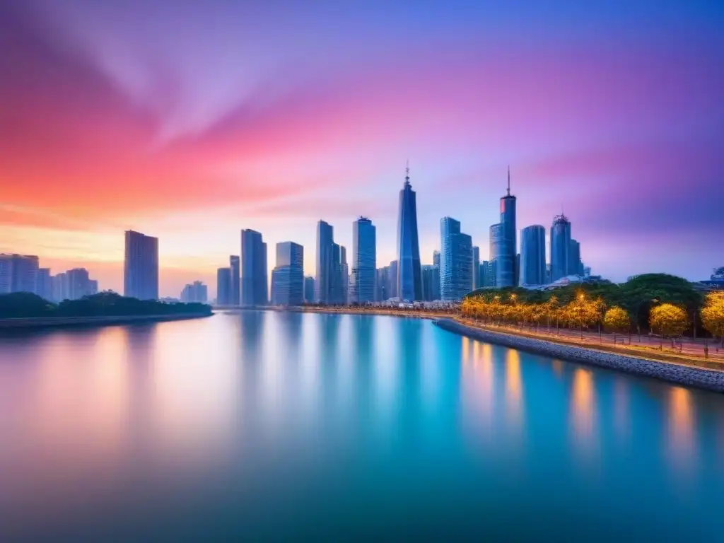 Horizonte urbano moderno al atardecer: prosperidad inmobiliaria Una ciudad moderna deslumbrante al atardecer, con rascacielos iluminados contra un cielo de puesta de sol colorido, reflejándose en un río tranquilo