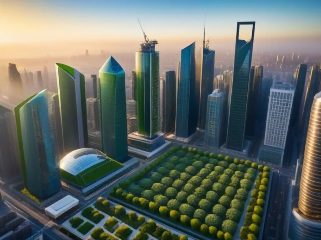 Una ciudad moderna con diseños de construcción verde innovadores, destacando la importancia de inversores y prácticas sostenibles