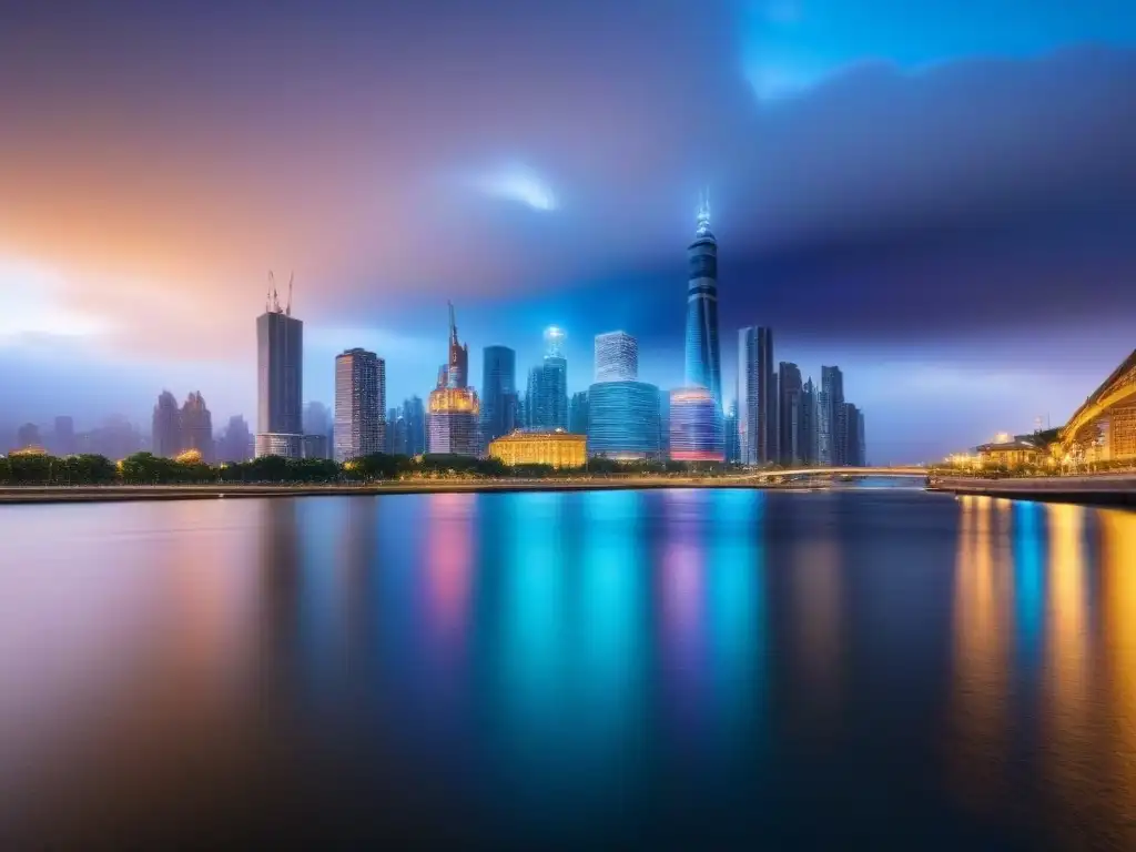 Horizonte urbano moderno: luces vibrantes en la ciudad al atardecer Una ciudad moderna iluminada al anochecer, con rascacielos brillantes reflejándose en un río tranquilo