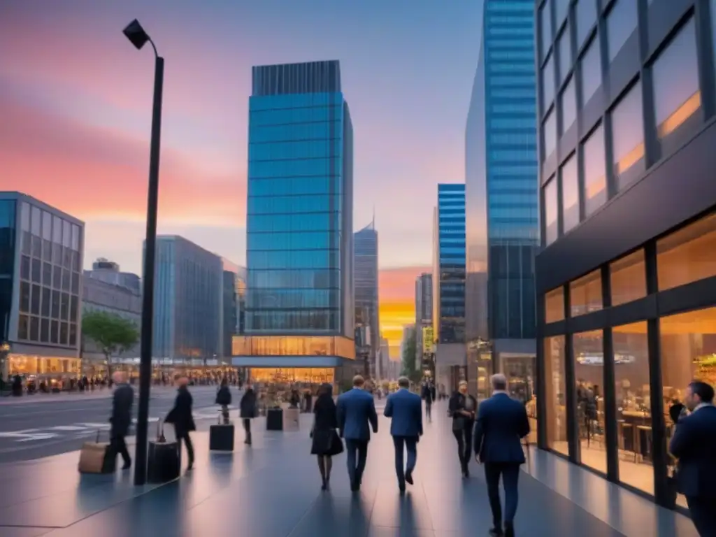 Escena urbana moderna con edificios comerciales y gente activa al atardecer Una ciudad moderna llena de vida y actividad económica, perfecta para invertir en REITs comerciales riesgos