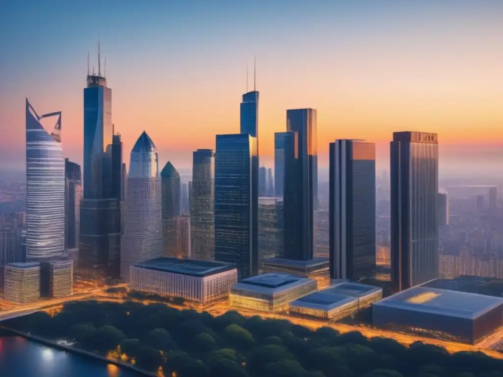 Skyline urbano al atardecer: inversores inmobiliarios en acción Una ciudad moderna en pleno atardecer, con rascacielos iluminados por el sol