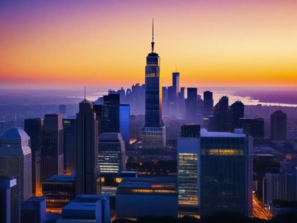 Horizonte urbano al atardecer: mercado inmobiliario en auge Una ciudad moderna con rascacielos reflejando el atardecer, representa la Reforma hipotecaria inversión inmobiliaria