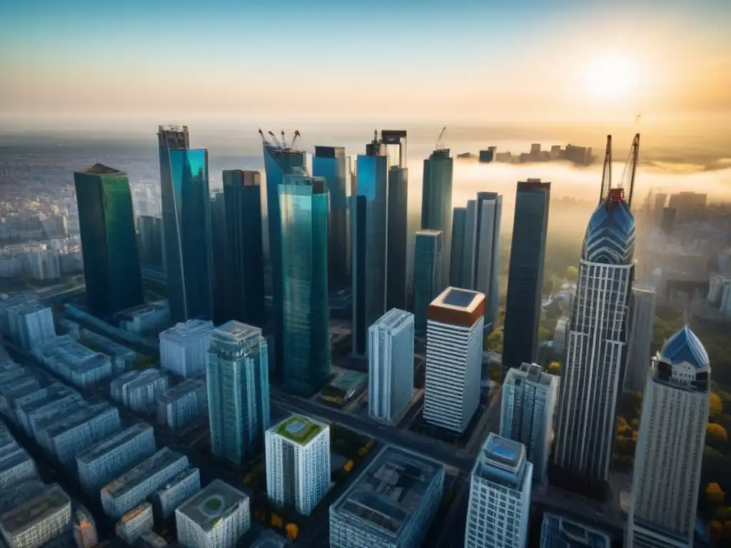 Metrópolis moderna: armonía urbana y crecimiento inmobiliario Una ciudad moderna con rascacielos y calles bulliciosas