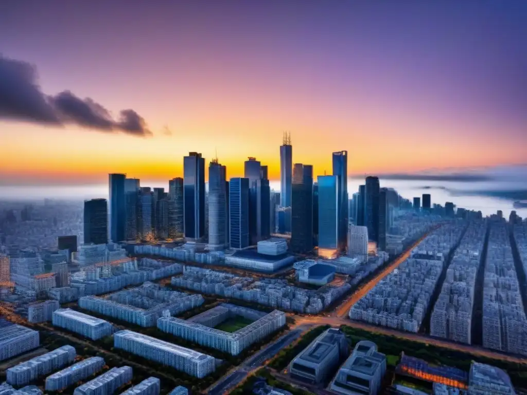Horizonte urbano moderno: inversión inmobiliaria en crecimiento La ciudad moderna crece con rascacielos y edificios altos, reflejando la luz del sol