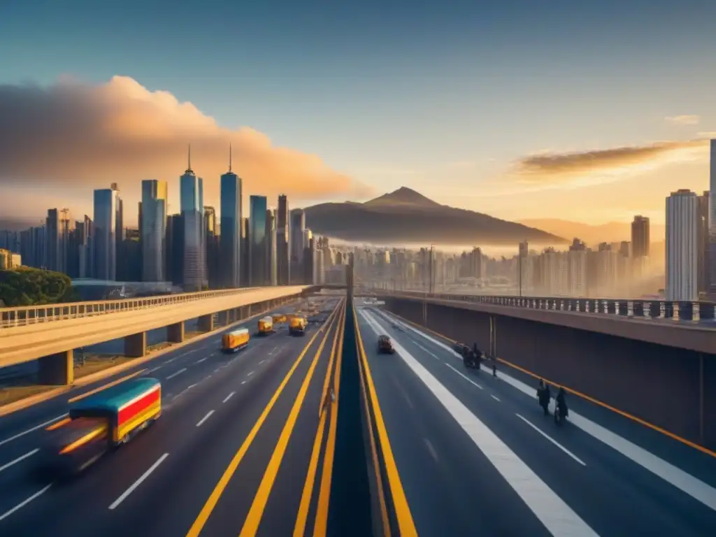 Metrópolis dorada: atardecer en una ciudad moderna vibrante Una ciudad moderna con rascacielos reflejando los tonos dorados del atardecer, mostrando diversidad y potencial valorización inmobiliaria