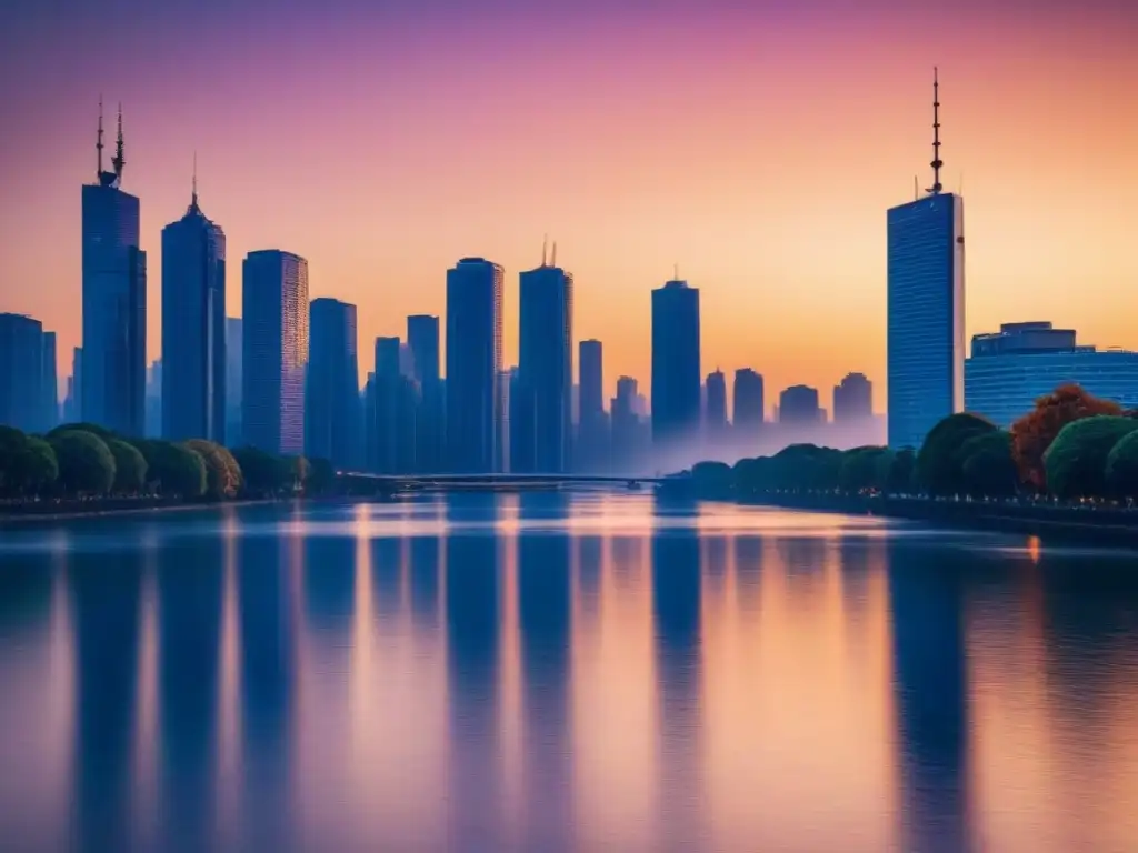 Horizonte urbano moderno al atardecer Una ciudad moderna y vibrante al atardecer, con rascacielos iluminados por el sol, reflejados en el río