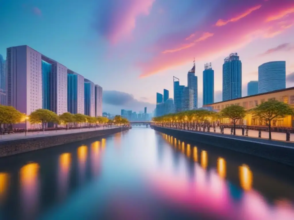 Inversiones inmobiliarias: horizonte vibrante al atardecer Una ciudad moderna y vibrante al anochecer, con rascacielos iluminados y un río sereno