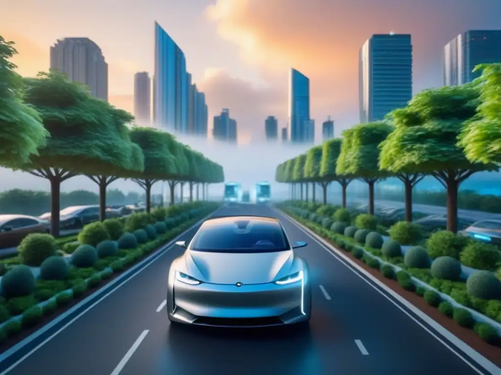 Metrópolis Futurista: Arquitectura Verde y Tecnológica en Armonía Visión futurista de ciudad híbrida fusionando naturaleza y tecnología, con residentes usando productos híbridos