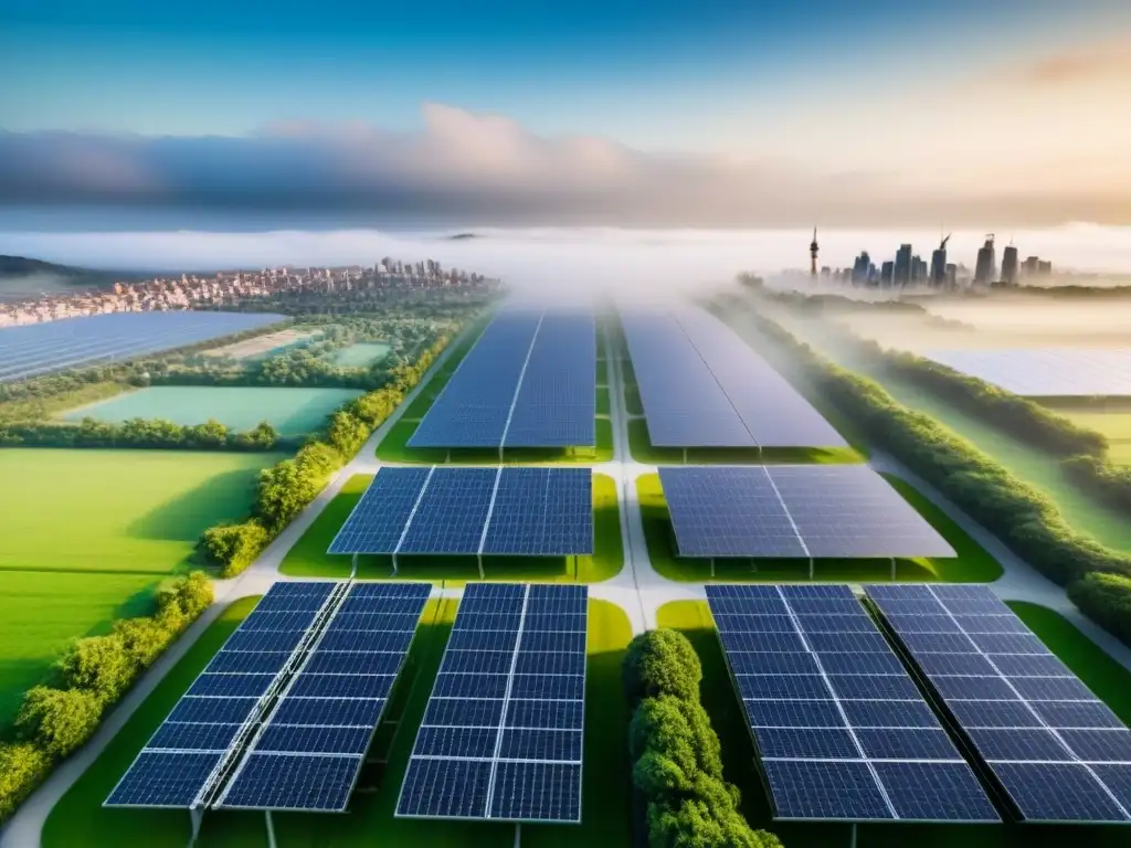Ciudad sostenible con espacios verdes, paneles solares y transporte público eficiente