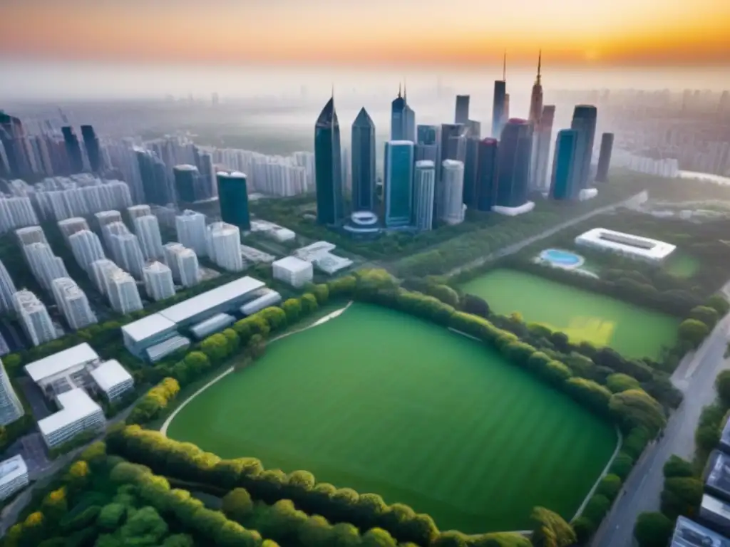 Espléndido atardecer urbano: modernidad y naturaleza en armonía Una ciudad vibrante al atardecer, con rascacielos, parques verdes y arquitectura diversa