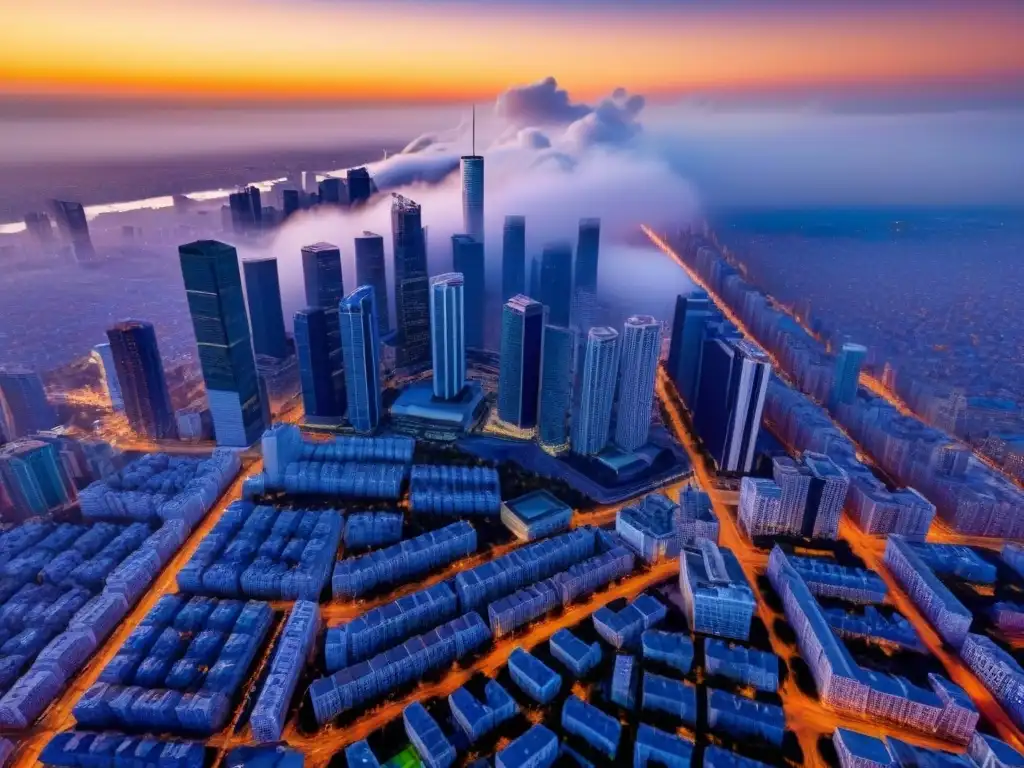 Horizonte urbano al atardecer: modernidad y dinamismo en la ciudad Una ciudad vibrante al atardecer, con rascacielos modernos proyectando sombras largas