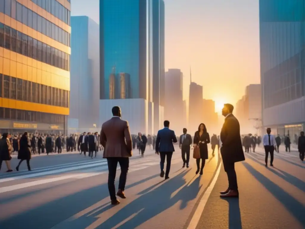 Horizonte urbano al atardecer: rascacielos, diversidad y vida comunitaria Una ciudad vibrante al atardecer, con rascacielos modernos y calles bulliciosas, reflejando la interacción entre desarrollo urbano y vida comunitaria