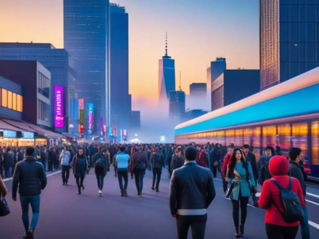 Skyline urbano iluminado: luces y energía en la ciudad al atardecer Una ciudad vibrante al anochecer, con rascacielos iluminados y calles llenas de vida