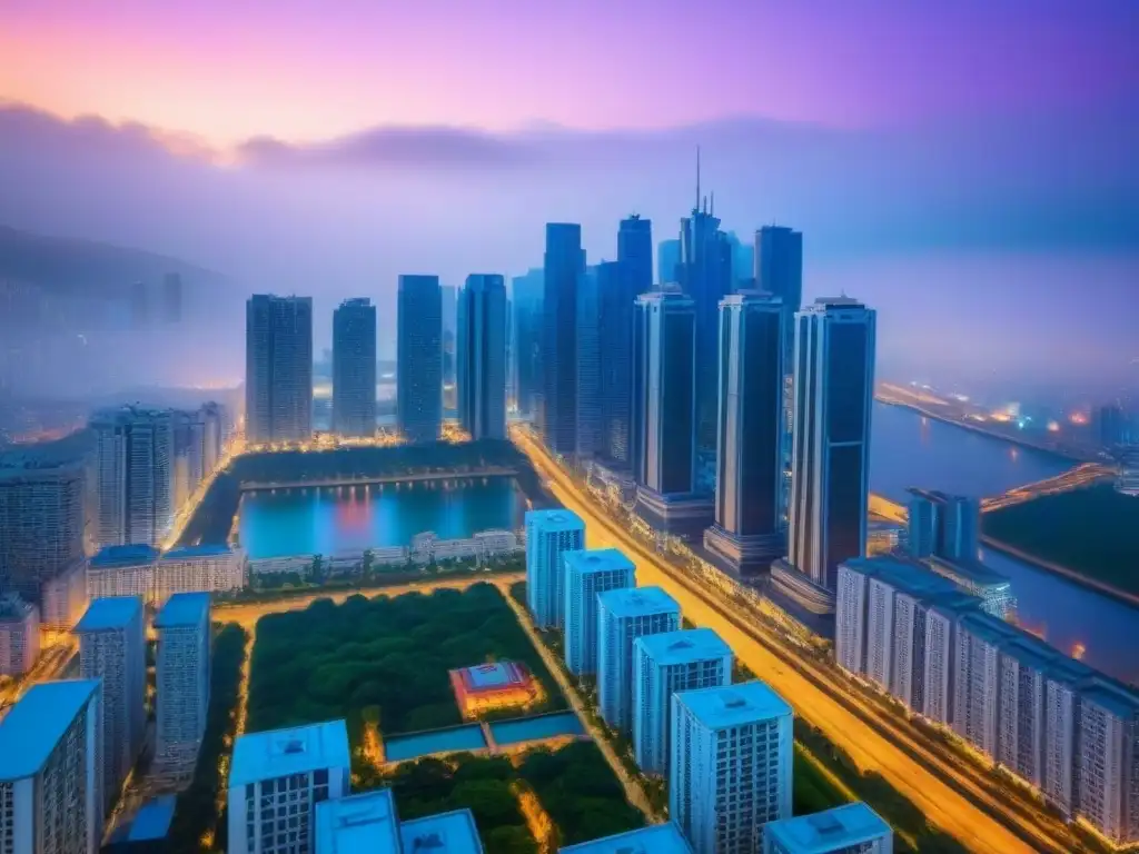 Horizonte urbano vibrante al anochecer: oportunidades de inversión en mercados inmobiliarios emergentes 'Ciudad vibrante al anochecer con rascacielos modernos iluminados, simbolizando oportunidades inversión mercados inmobiliarios