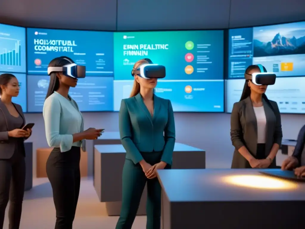 Aula Futurista con Realidad Virtual y Gráficos Financieros Holográficos Clase futurista con hologramas financieros y estudiantes de diversos orígenes usando auriculares de realidad virtual