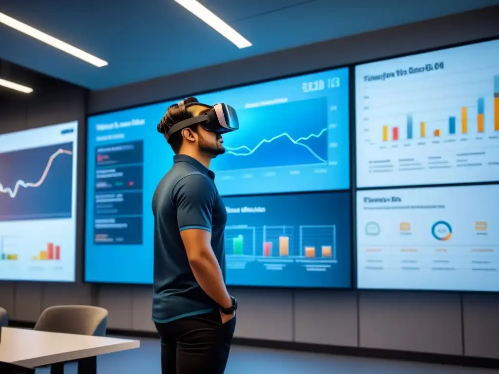 Aula del futuro: Realidad virtual y finanzas inmobiliarias Clase futurista con innovaciones tecnológicas en educación financiera inmobiliaria