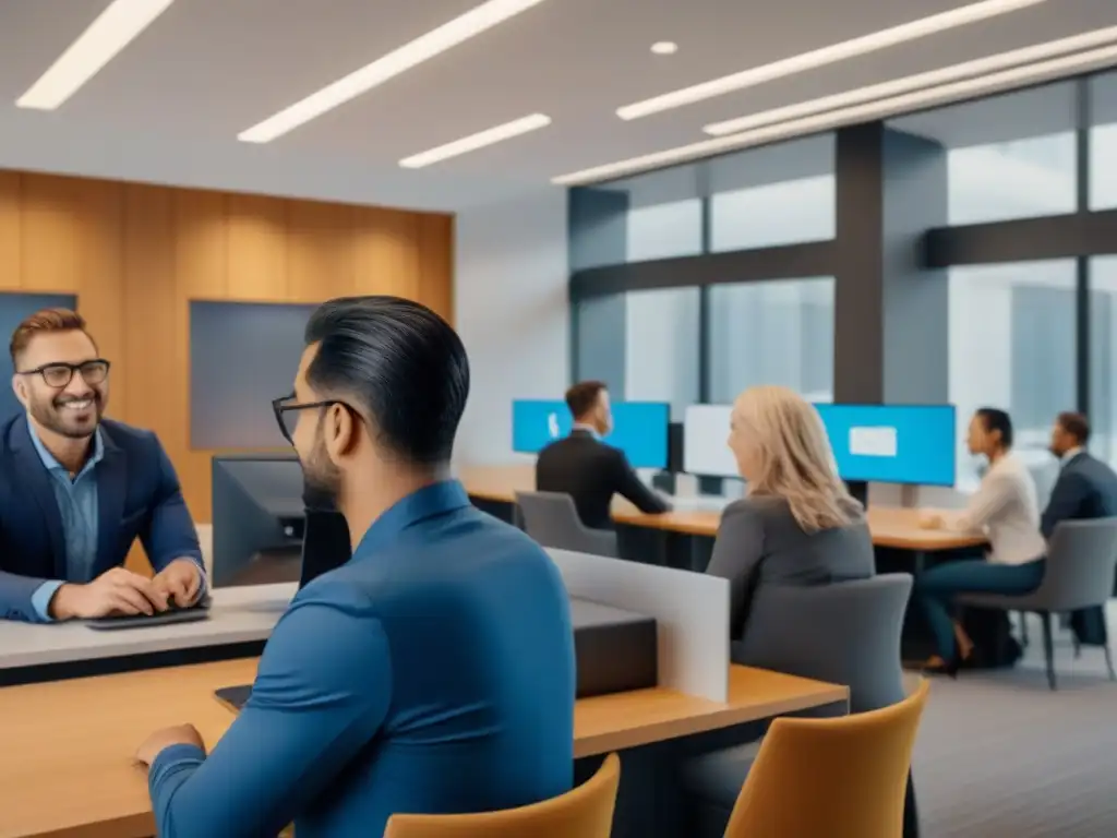Interior bancario moderno: clientes diversos tramitando hipotecas Clientes diversos esperan en un banco moderno y luminoso, consultando sobre préstamos hipotecarios convencionales