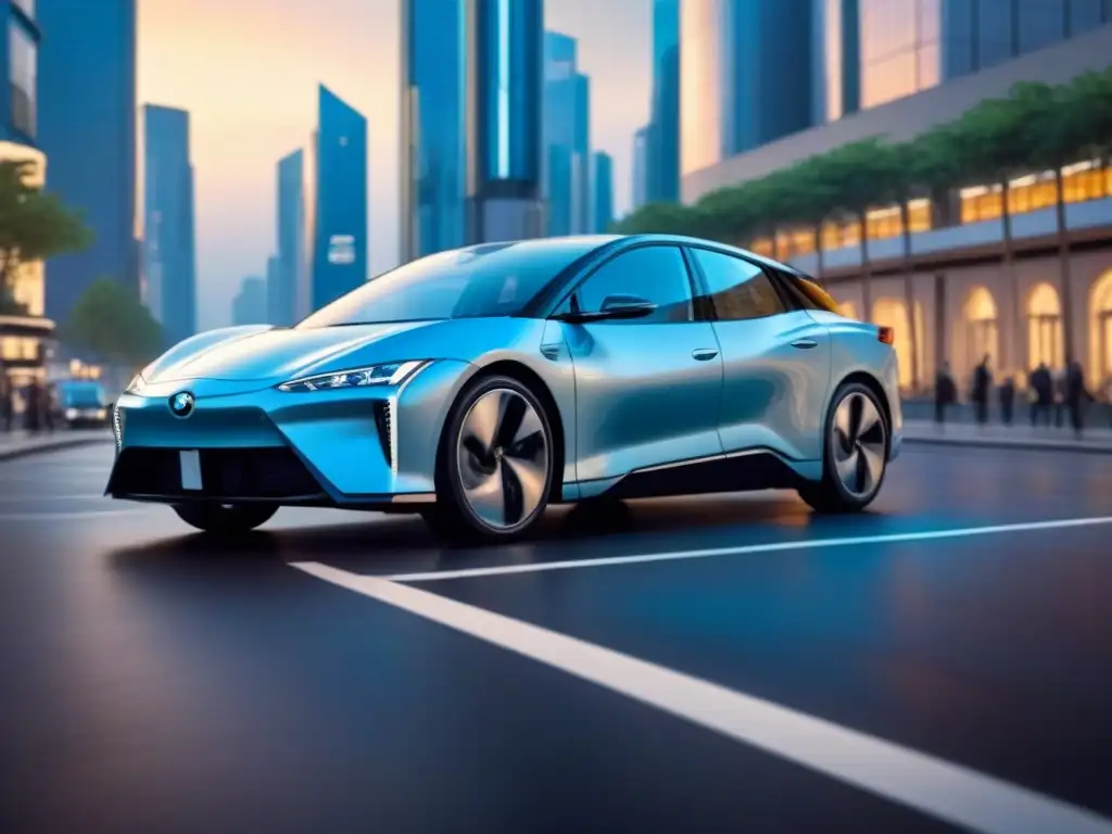 Coche híbrido en modo eléctrico y gasolina en ciudad futurista